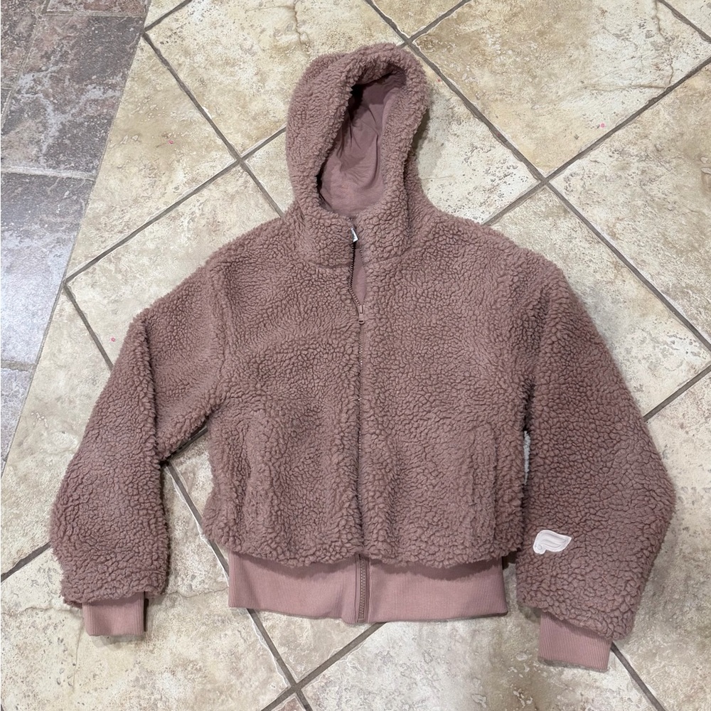 Fabletics Sherpa Bomber Coat Dusty Rose Mauve Gold XS Bougie